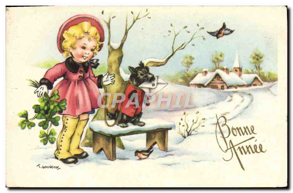 CPA Fantaisie Bonne annee Enfant Chien 