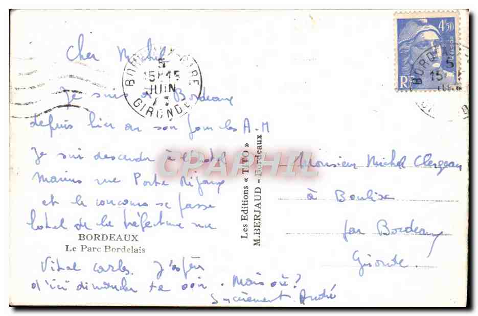 CPM Bordeaux Le Parc Bordelais — Verso