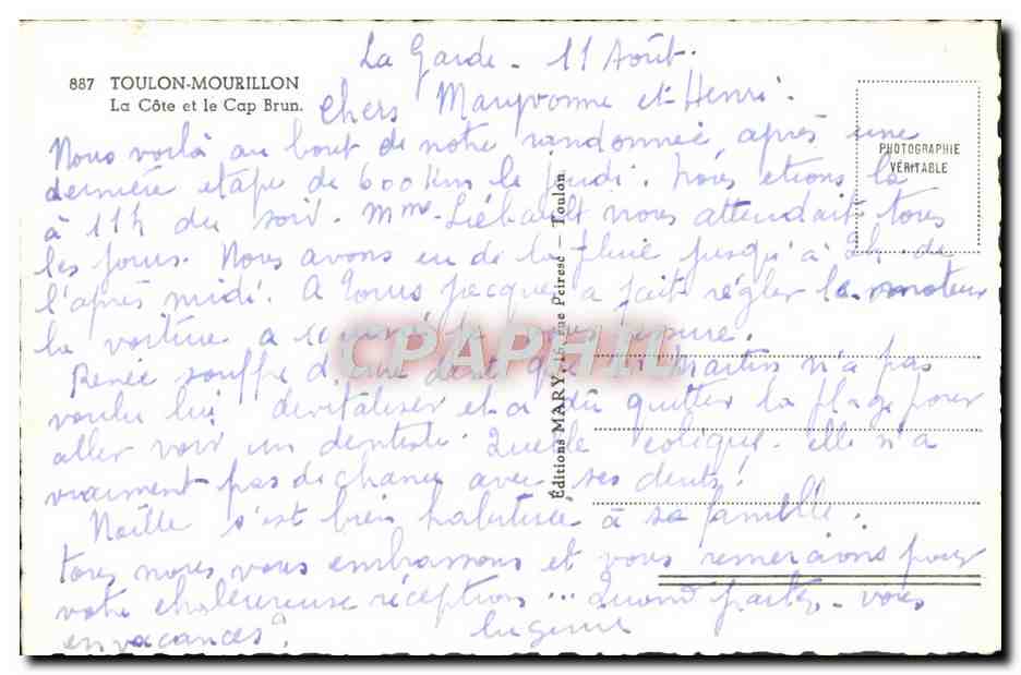 La Côte et le Cap Brun — Toulon-Mourillon — Éditions MARY — n° 887 — Verso