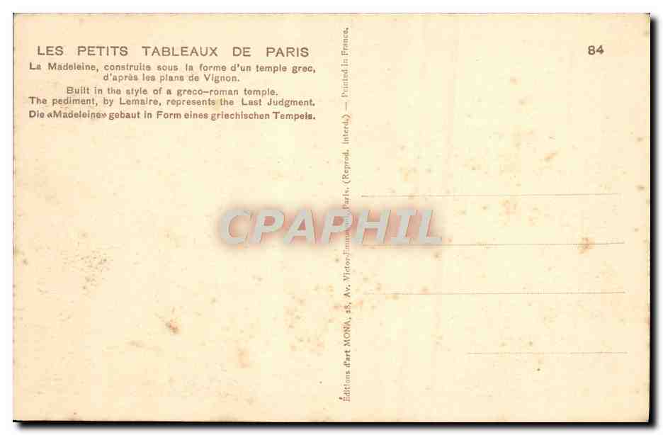 CPA Paris La Madeleine — Rückseite