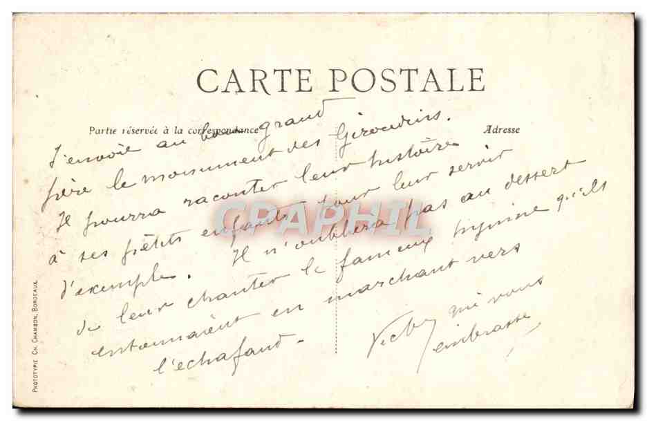 CPA Bordeaux Monument des Grondins — Verso