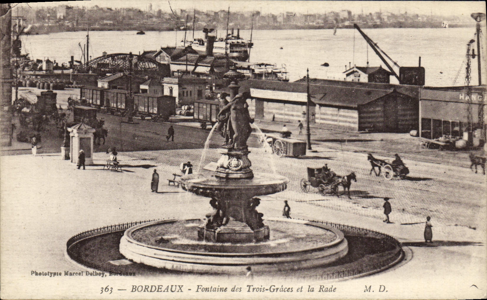 Bordeaux — Fontaine des Trois-Grâces et la Rade — Phototypie Marcel Delbey, Bordeaux, n°363