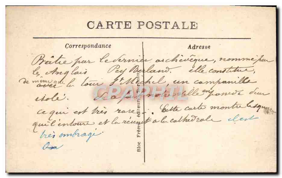 CPA Bordeaux La Cathedrale et la Tour Pey Berland — Verso