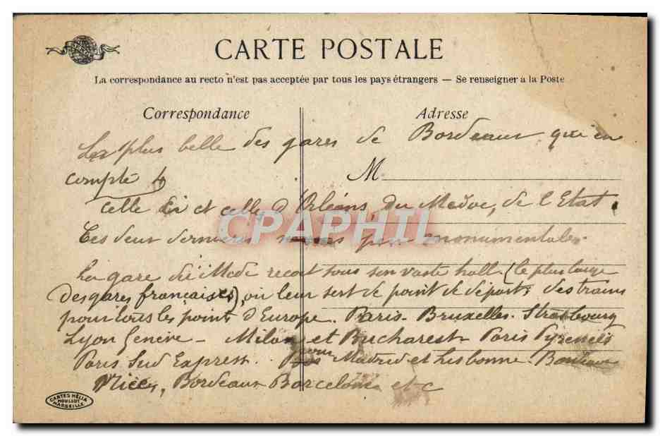 CPA Bordeaux La Gare Saint Jean — Verso