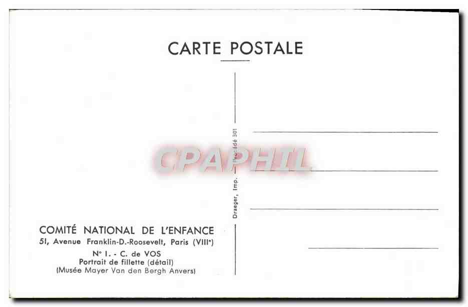 CPM Comite National De L'Enfance C de Vos Portrait de fillette Musee Mayer Van den Bergh Anvers — Verso