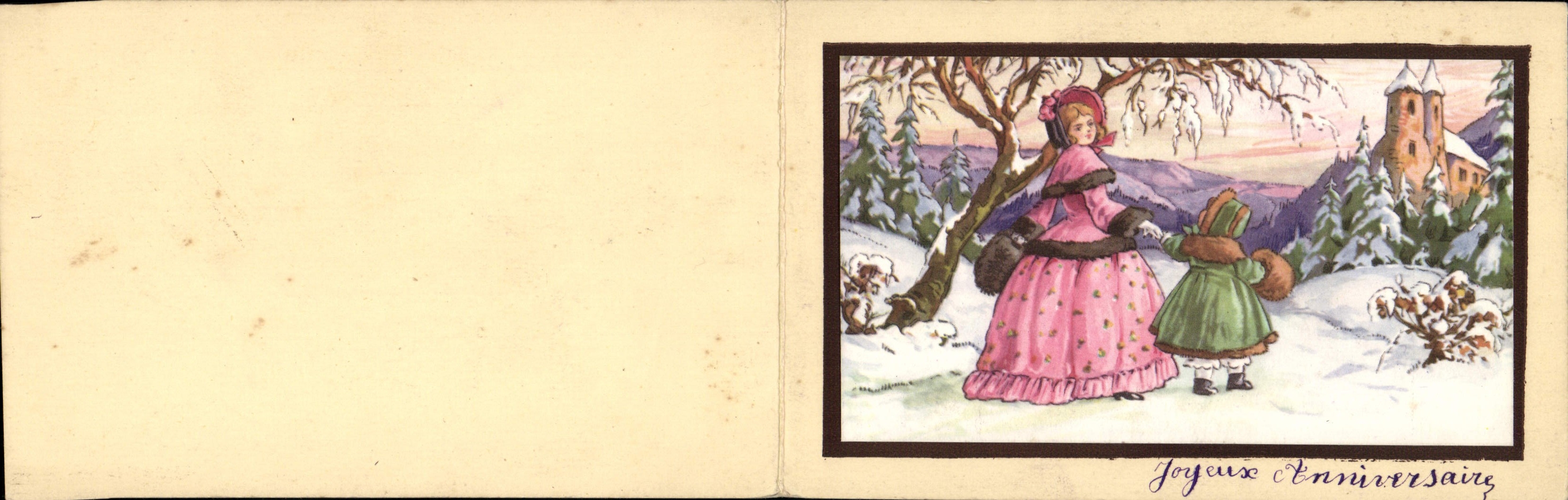Deux jeunes filles en tenue d'hiver — paysage neigeux avec château — Joyeux Anniversaire