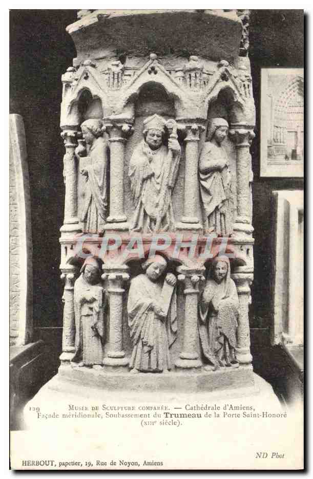Façade méridionale, Soubassement du Trumeau de la Porte Saint-Honoré — Cathédrale d'Amiens, xixe siècle — Musée de Sculpture Comparée, HERBOUT, papetier, 19, Rue de Noyon, Amiens