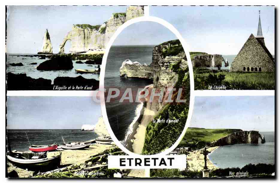 CPM Etretat L'aiguille et la porte d'aval Bateaux de peche et falaise d'aval La chapelle