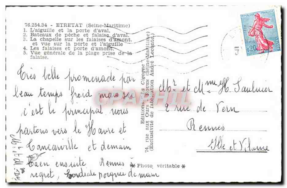 CPM Etretat L'aiguille et la porte d'aval Bateaux de peche et falaise d'aval La chapelle — Verso