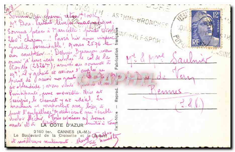 CPA Cannes Le Boulevard de la Croisette et le Square — Verso