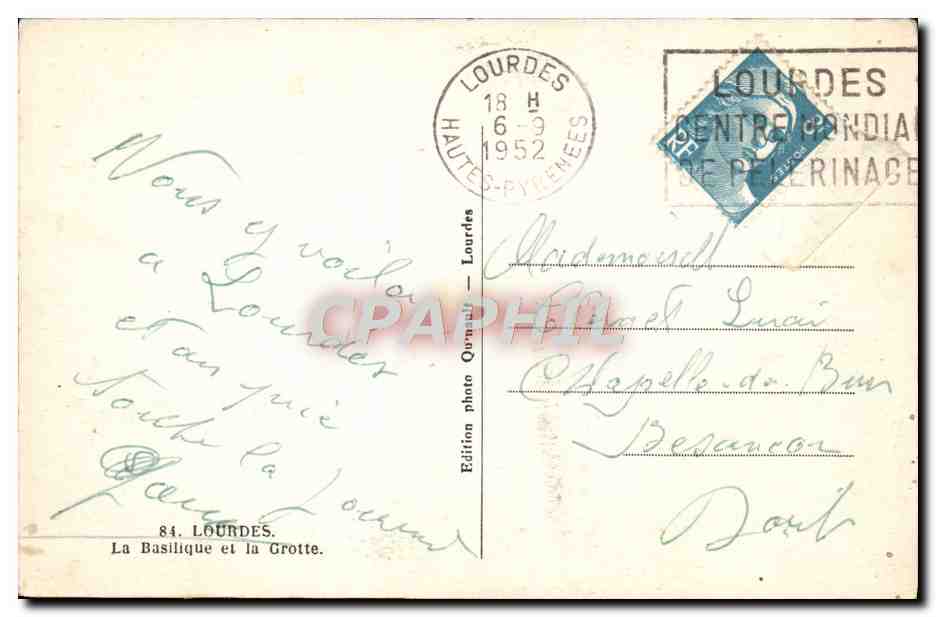 CPA Lourdes La Basilique Et La Grotte — Verso
