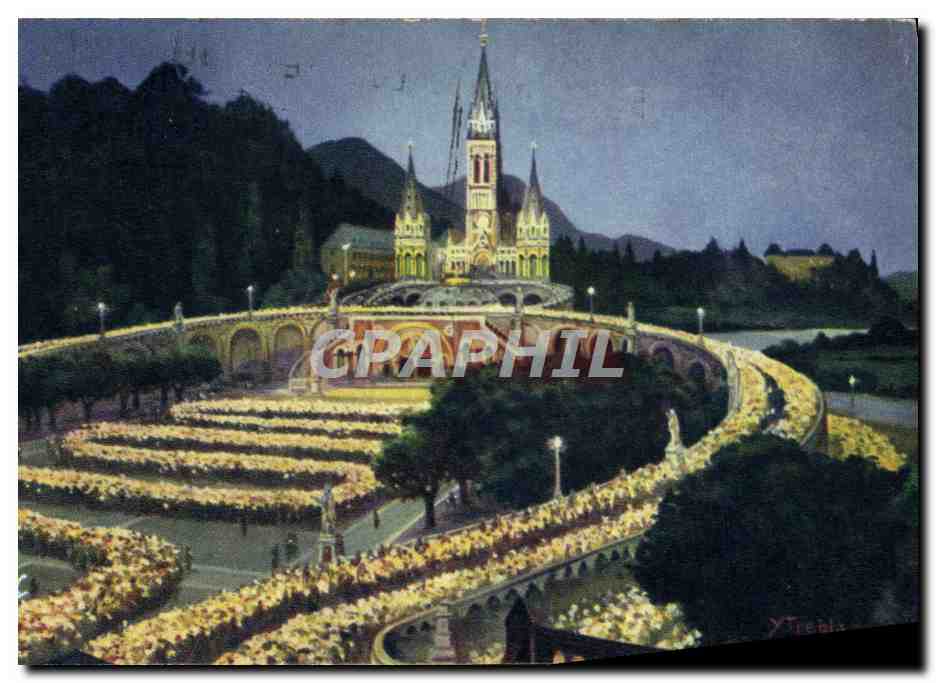 CPA Lourdes La Basilique Illuminee et la procession aux flambeaux