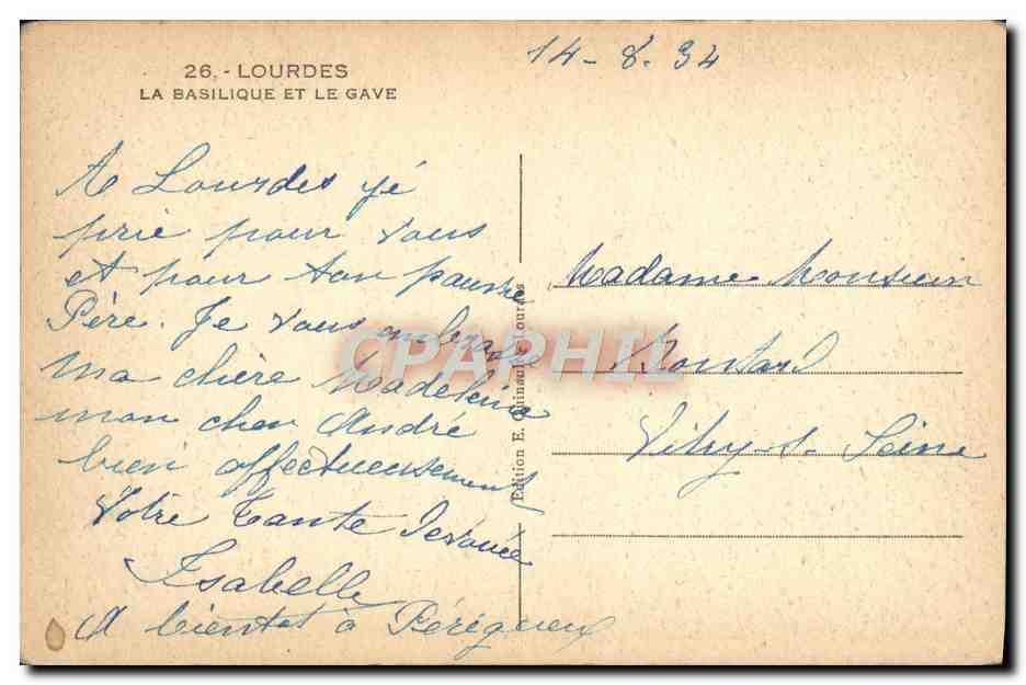 CPA Lourdes La Basilique et le Gave — Verso