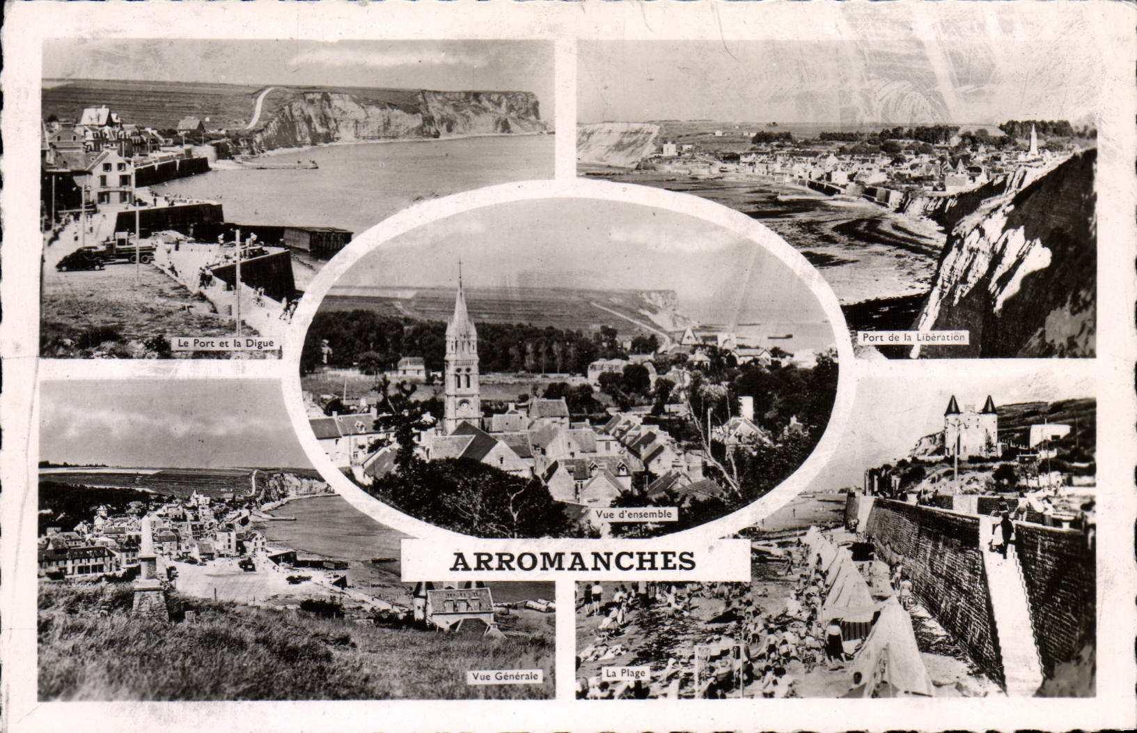Arromanches — Vue panoramique avec le port, la digue, la plage et la ville — Éditions Caby