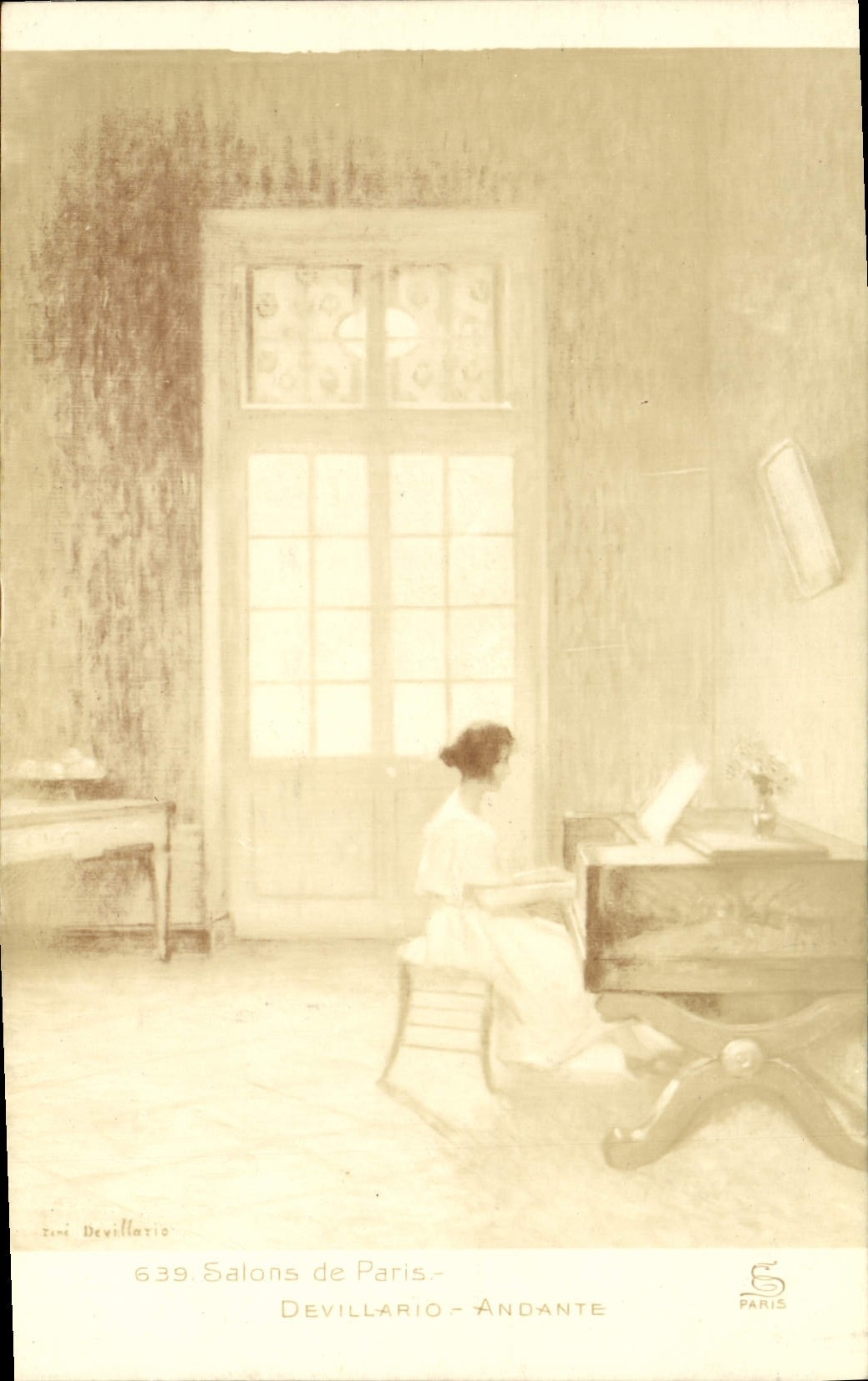 Femme au piano — intérieur parisien — Devillario, n° 639