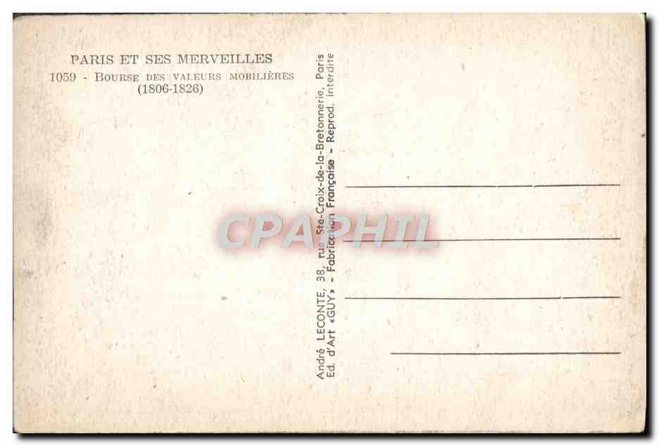 CPA Merveilles Bourse Des Valeurs Mobilieres Bourse Paris — Rückseite