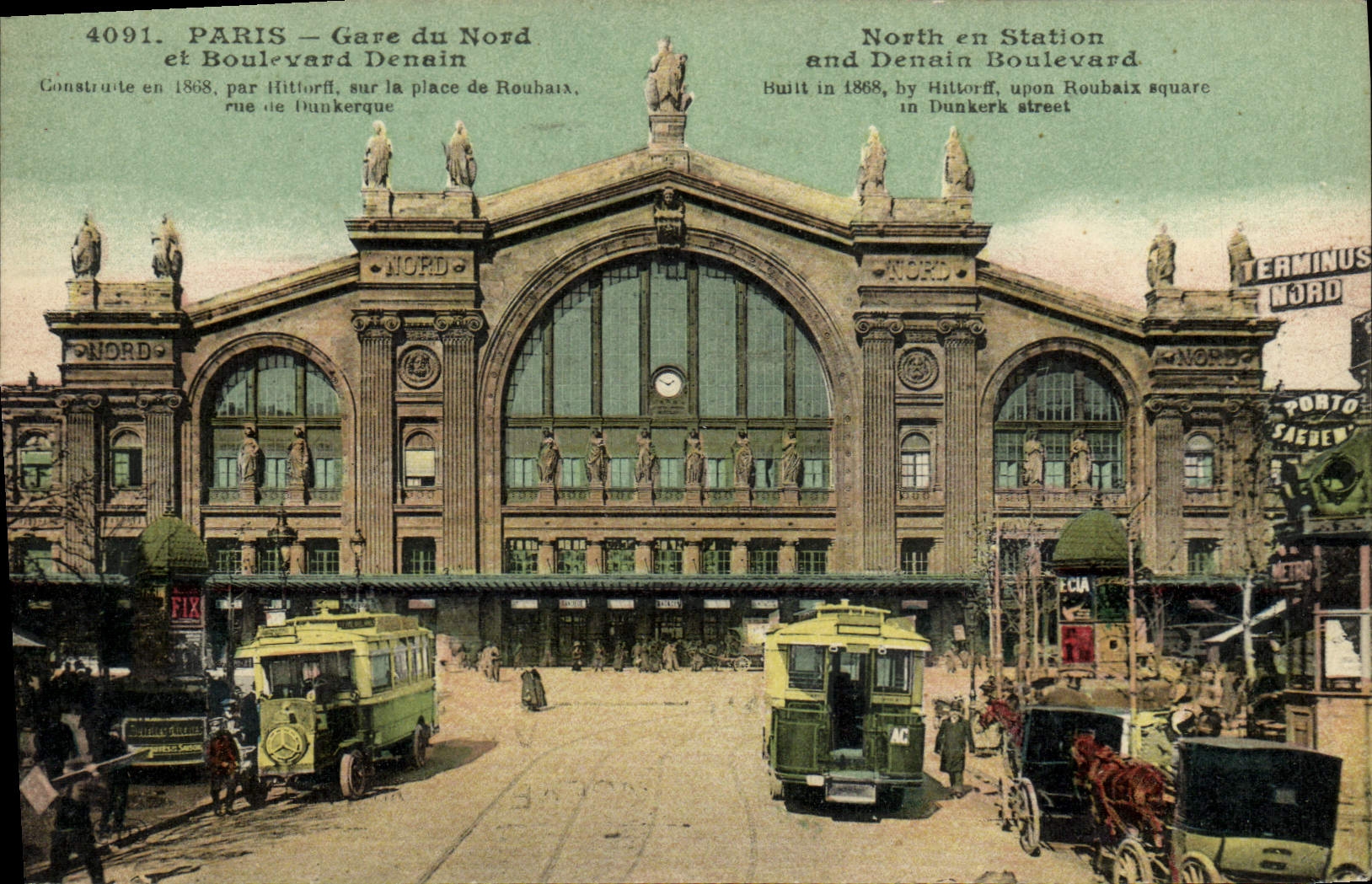 Paris — Gare du Nord et Boulevard Denain — éditeur CPAPHIL, n° 4091