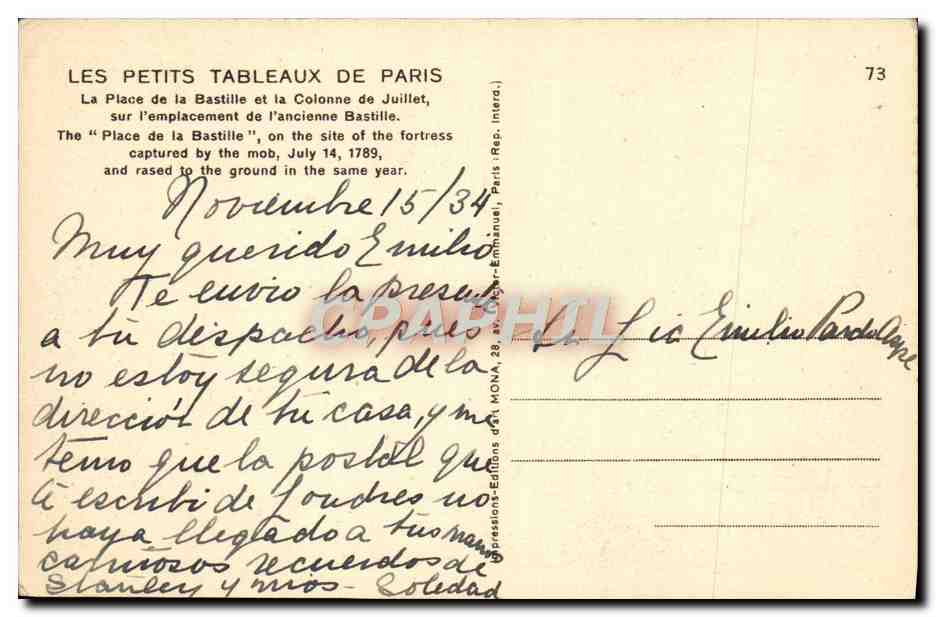 CPA Paris La Place De La Bastille — Rückseite