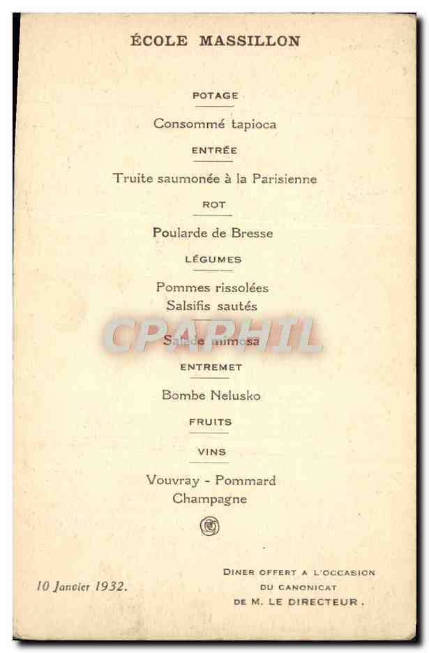 CPA Paris Ecole Massilon Menu  — Rückseite