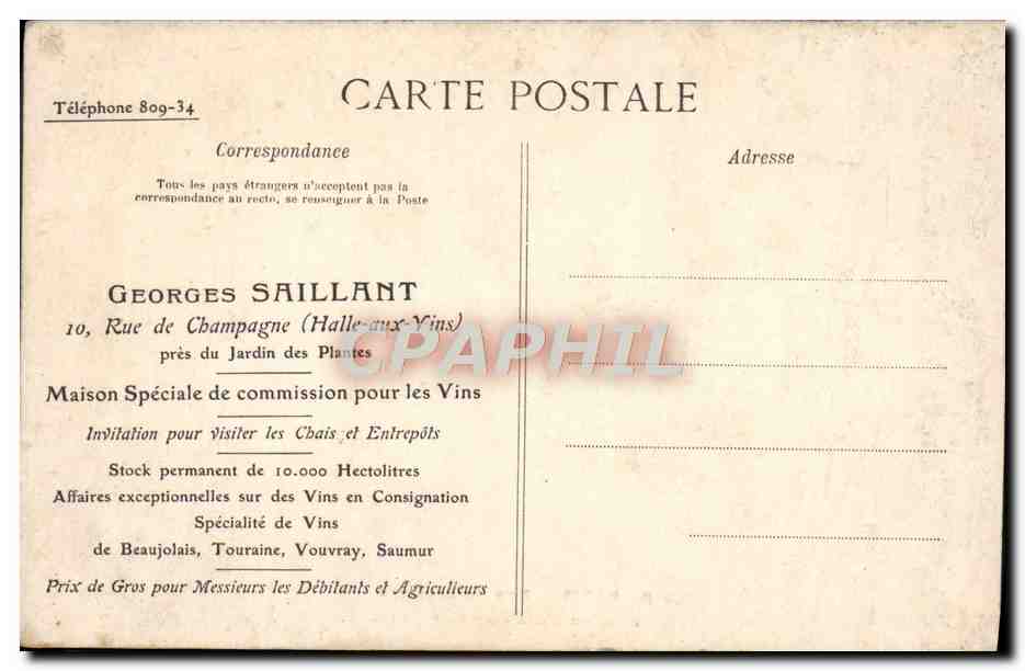 CPA Paris Bois De Boulogne Pavillon d'ARmenonville Publicite Georges Saillant Rue de Champagne Halle aux vins Vins — Rückseite