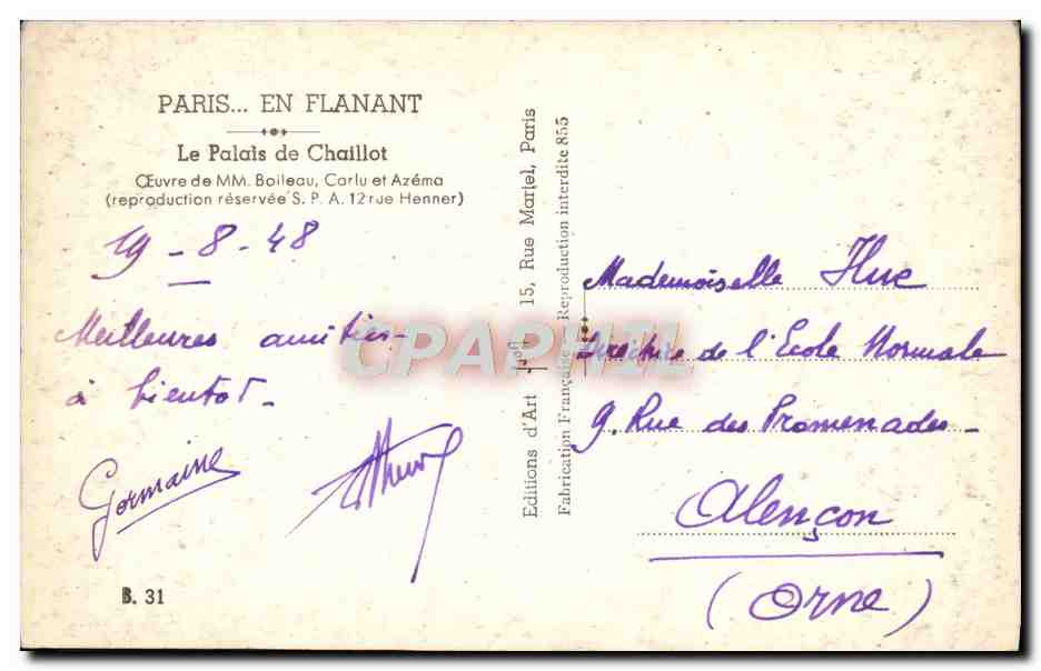 Paris... en Flanant — Le Palais de Chaillot — Éditions d'Art Martel, Paris — Verso