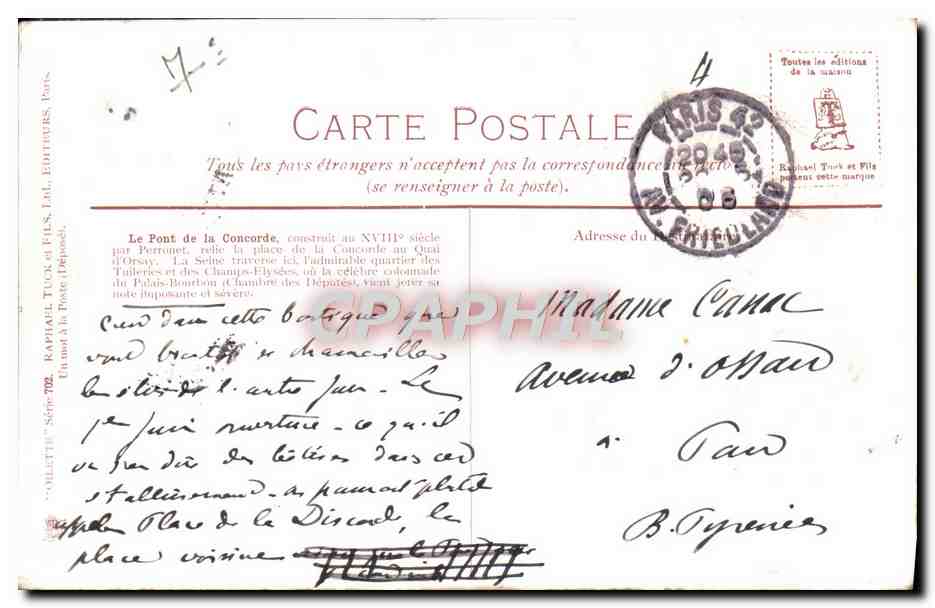CPA Paris Pont de la Concorde Bateau Peniche — Rückseite