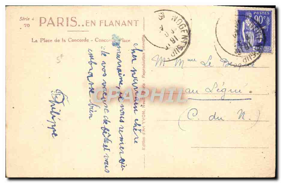 Place de la Concorde — vue panoramique — Édition d'Yvon, série 70 — Verso