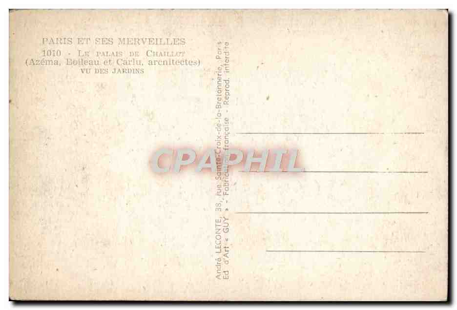 CPA Paris Le palais de Chaillot vu des jardins — Verso