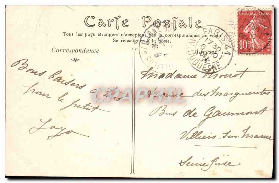 CPA Paris Le Monument Pasteur et L'Hotel des Invalides — Rückseite