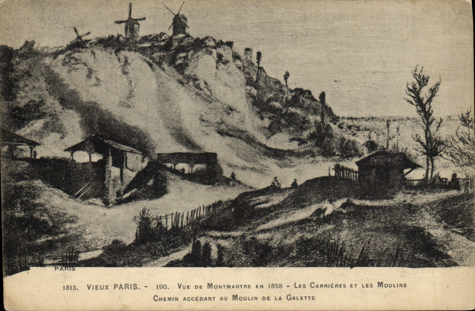 CPA Vieux Paris Vue de Montmartre en 1858 Les carrieres et les moulins Chemin accendant au Moulin de la Galette