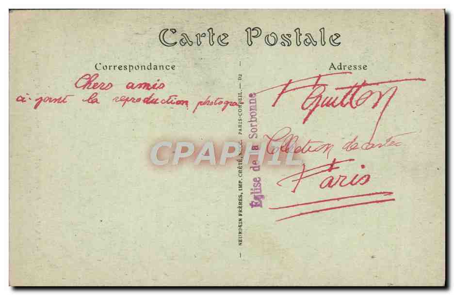CPA Paris Eglise de la Sorbonne Cour d'honneur — Verso