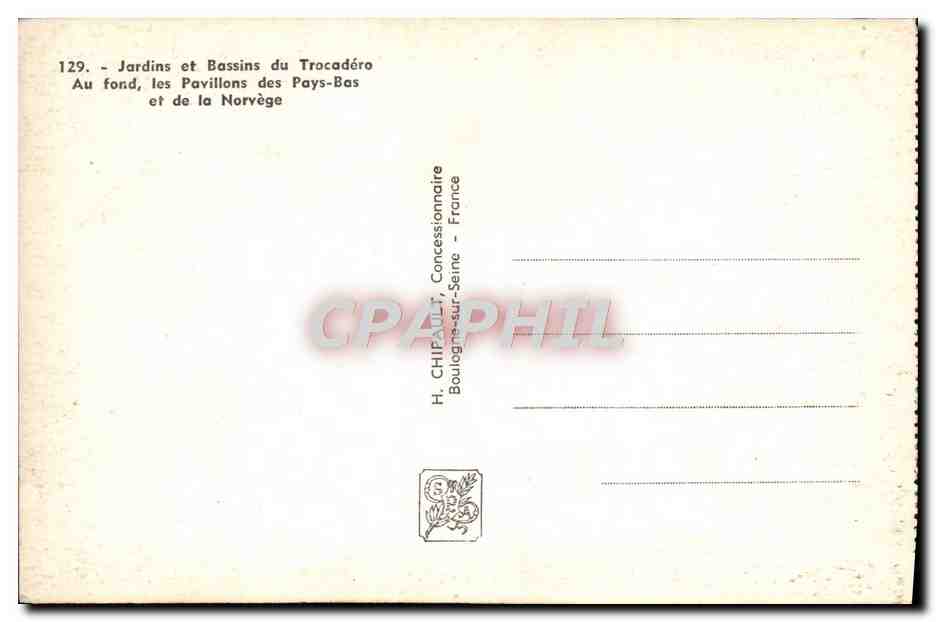 CPA Paris Exposition internationale 1937 Jardins et bassins du Trocadero Pavillons des Pays Bas et de la Norvege  — Rückseite