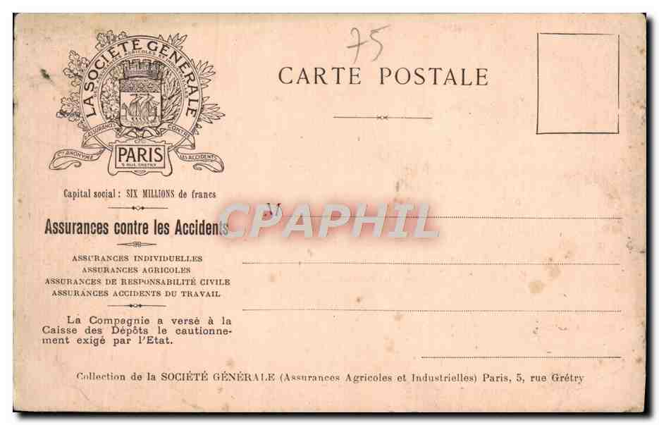 CPA Paris Port Alexandre Champs Elysees publicite Societe Generale Assurances — Rückseite