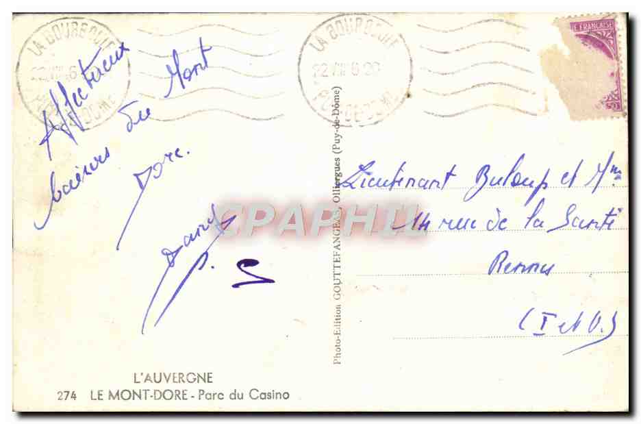 CPA Le Mont Dore Parc du Casino — Verso