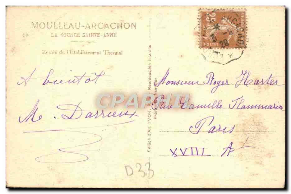 CPA Moulleau Arcachon La source Sainte Anne Entree de l'etablissement thermal — Verso