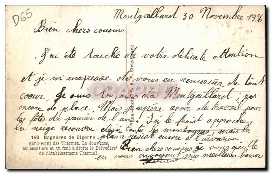 Bagnères-de-Bigorre — Rond-Point des Thermes, La Jouvence, scalinate e Belvédère — editore C.A.P. n° D65 — Verso
