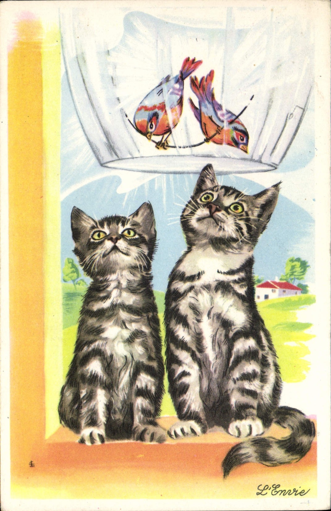 CPA Fantaisie Chat Chats Chaton Oiseau