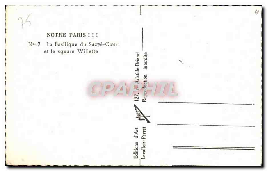 CPM Paris Notre La Basilique Du Sacre Coeur et le square Willette — Verso
