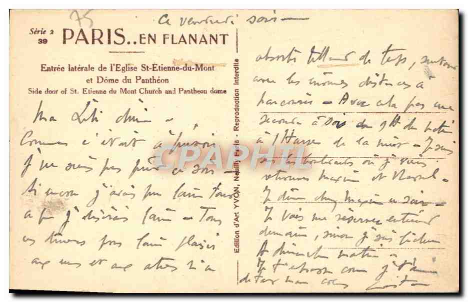 CPA Paris Entree laterale de L'Eglise St Etienne du Mont et dome du Pantheon  — Rückseite