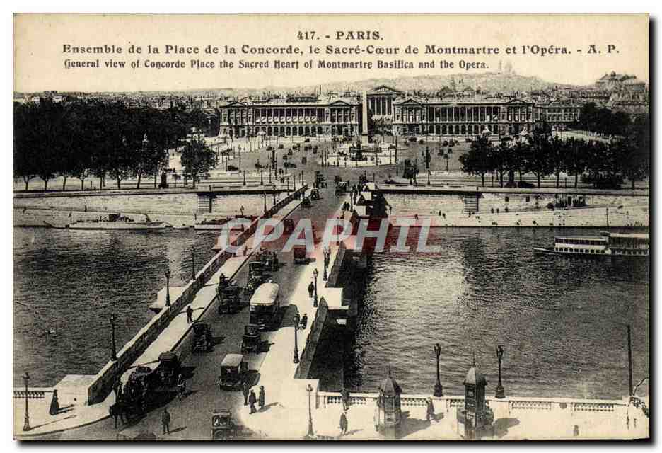 CPA Paris Ensemble de la Place de la Concorde Le Sacre Coeur de Montmartre et l'Opera