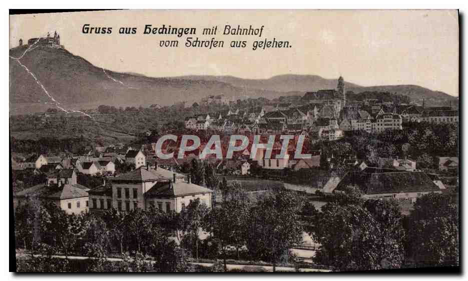 Hechingen — vue du village avec gare et château sur le Schrufen — éditeur Töpfer von Bos, Dirm. Stuttgart, n° 812