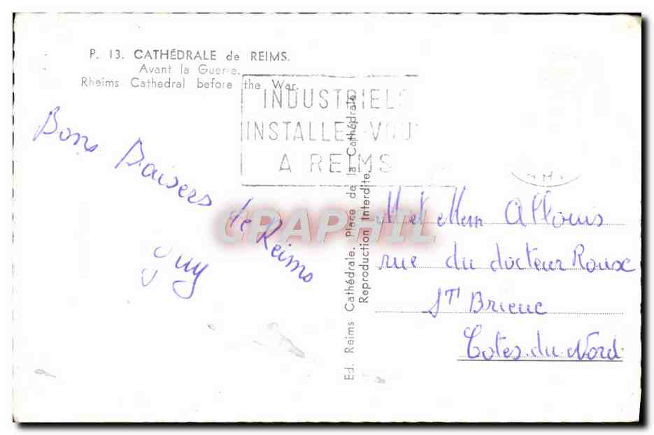 CPA Cathedrale de Raims Avant la Guerre Militaria — Verso