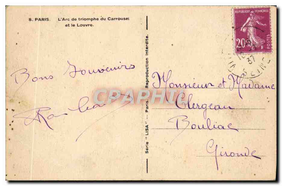 CPA Paris L'Arc de Triomphe du Carrousel et le Louvre — Rückseite