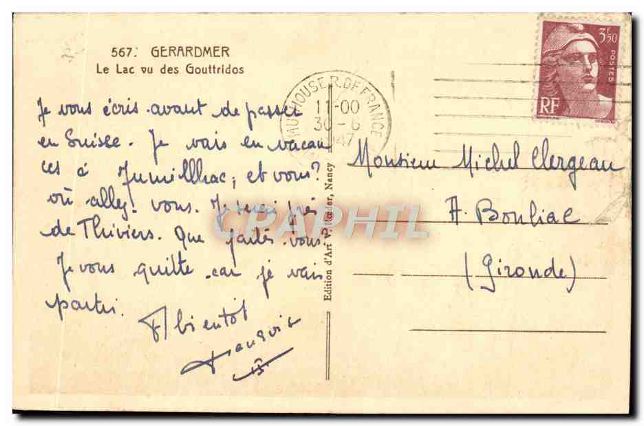 Gérardmer. Le Lac vu des Goutridos — Édition d'Art, Nancy, n° 567 — Verso