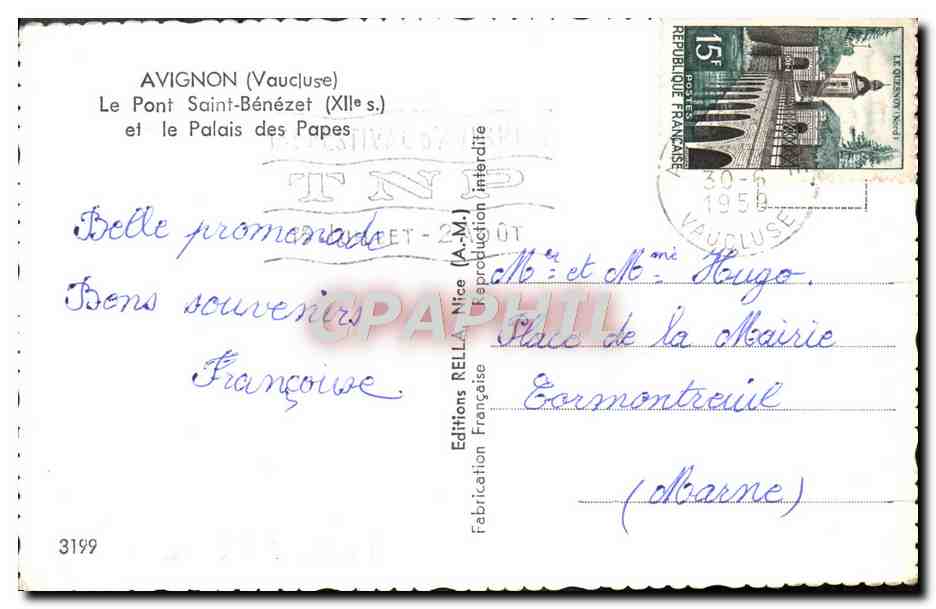 CPM Avignon Le Pont Saint Benezet et le palais des Papes — Verso