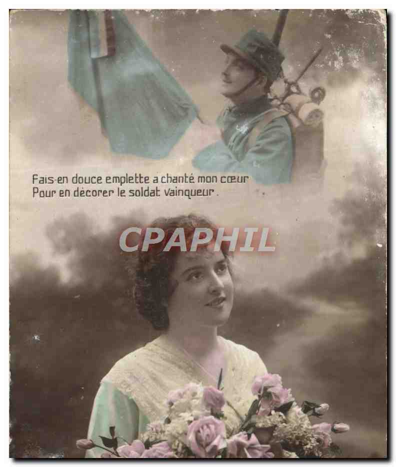 Femme avec bouquet de roses — Soldat en uniforme — CPAHAPHIL