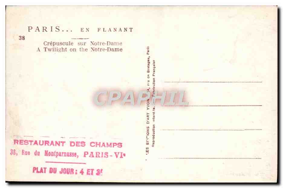 CPA Paris Crepuscule sur Notre Dame Bateau Peniche — Verso