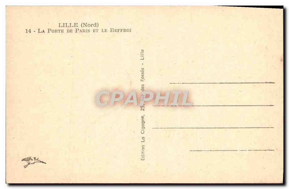 CPA Lille La porte de Paris et le beffroi — Rückseite