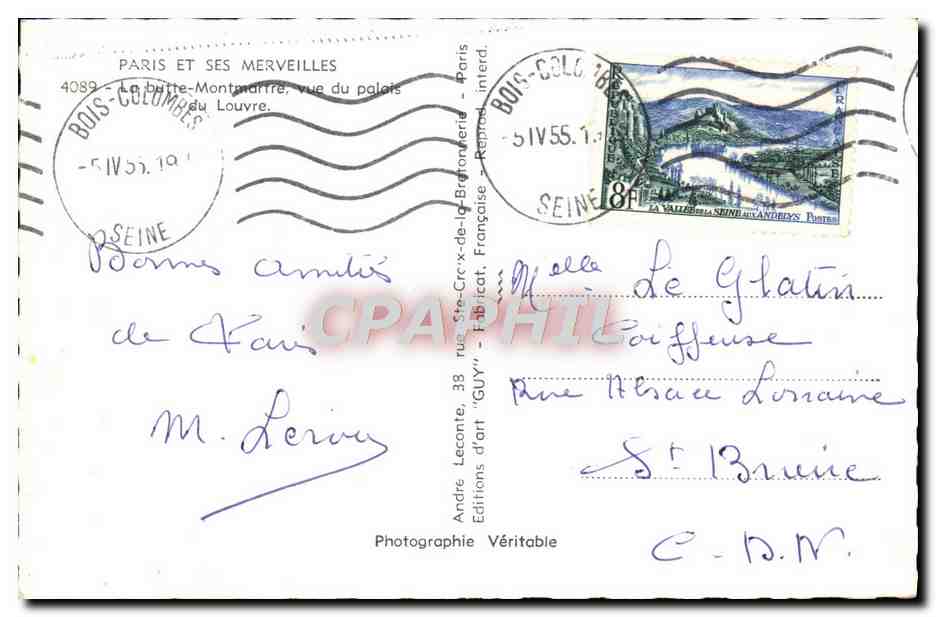 Paris et ses merveilles — La butte Montmartre, vue du palais du Louvre — Éditions d'Art 'Guy' — Verso