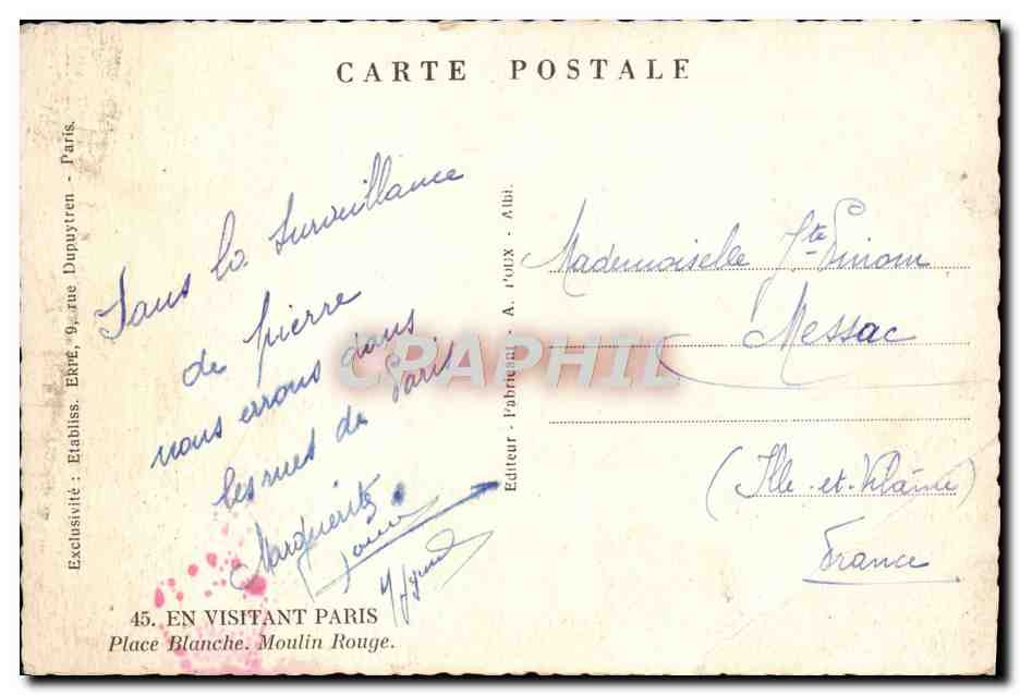 CPM Paris Place Blanche Moulin Rouge Dubonnet Kermesse  — Verso